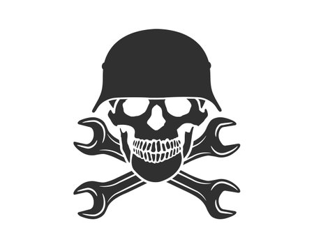 Skull with crossed wrenches and ww2 german helmet. Construction builder plumbing wrench or body shop repair car and truck mechanic service tool crossed. Vector illustration image.のイラスト素材