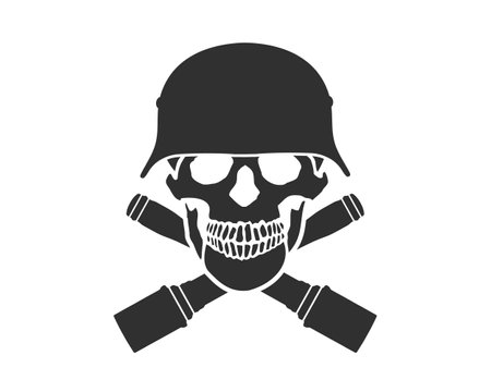 Skull head with old german ww2 helmet icon symbol. Crossed german ww2 grenade logo sign. Vector illustration image.のイラスト素材