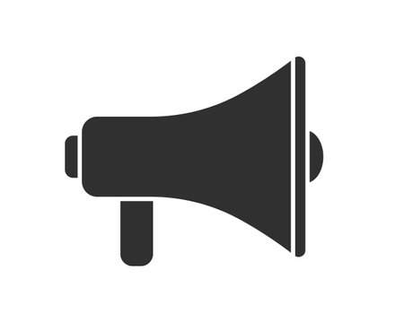 Megaphone music flat style icon shape symbol. Voice sound speech logo silhouette sign. Grunge stamp. Vector illustration image. Isolated on white background.のイラスト素材