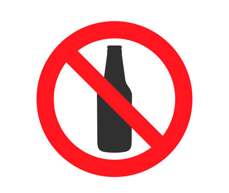 Beer bottle not allowed. No alcohol icon symbol sign. Prohibited sign Vector illustration image. Isolated on white background.のイラスト素材