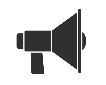 Megaphone music flat style icon shape symbol. Voice sound speech logo silhouette sign. Grunge stamp. Vector illustration image. Isolated on white background.のイラスト素材