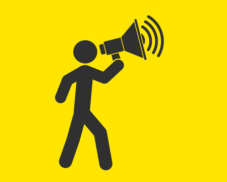 Human figure and megaphone icon shape symbol. Stick man Voice sound speech logo silhouette sign. Vector illustration image. Isolated on white background.のイラスト素材