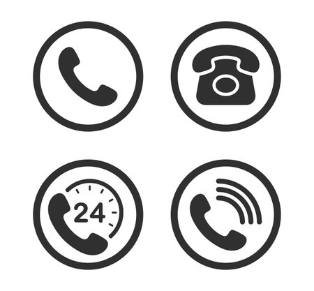 Phone contact connection icon symbol set. Smartphone, Old phone logo sign shape collection. 24 7 hour service. Vector illustration image. Isolated on white background.のイラスト素材