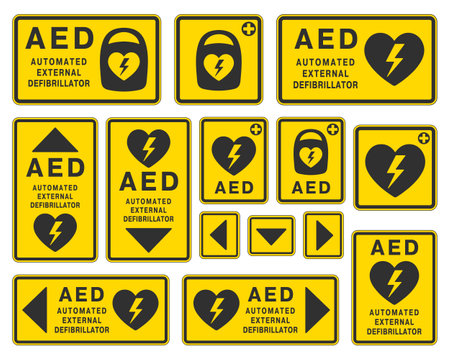 AED emergency defibrillator icon sign symbol. First aid Automated external defibrillator. Vector illustration. Isolated on white background.のイラスト素材