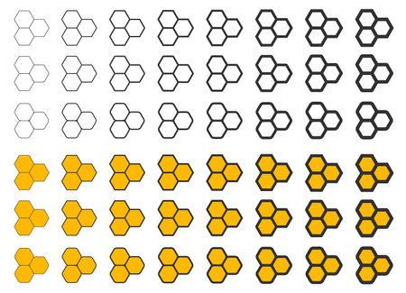 Various Honeycomb icon symbol set. Honey symbol logo sign collection. Bee wax sign. Yellow hexagon comb. Vector illustration image. Isolated on white background.のイラスト素材