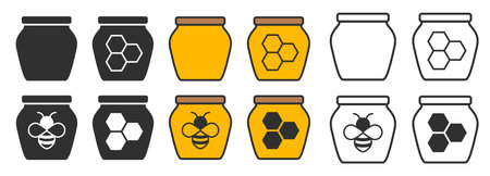 Various Honey glass jar icon symbol set. Honey symbol logo sign collection. Bee wax sign. honey package design. Vector illustration image. Isolated on white background.のイラスト素材