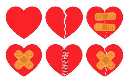Broken heart icon symbol. Heart with medical patch logo sign. Red heart shape. Vector illustration image. Isolated on white background.のイラスト素材