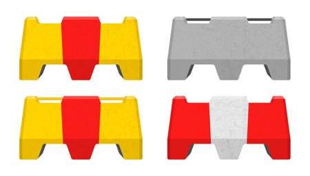 Realistic concrete road barrier icon symbol set. Yellow and black Traffic concrete barricades sign collection. Vector illustration image. Isolated on white background.のイラスト素材