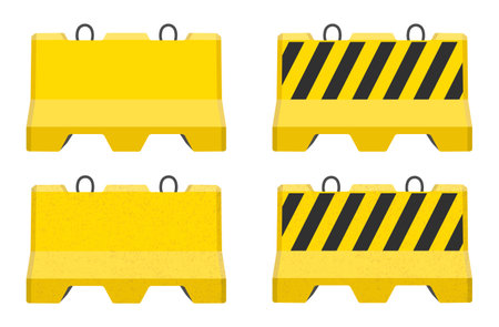 Realistic concrete road barrier icon symbol set. Yellow and black Traffic concrete barricades sign collection. Vector illustration image. Isolated on white background.のイラスト素材