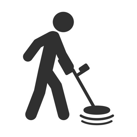 Metal detector human figure icon symbol. Metal detecting logo sign. Silhouette of a man with a metal detector. Vector illustration image. Isolated on white background.のイラスト素材