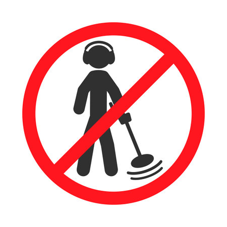No Metal detecting icon symbol. Metal detecting not allowed logo sign. Silhouette of a man with a metal detector. prohibited, prohibition, forbidden, ban. Vector illustration imageのイラスト素材