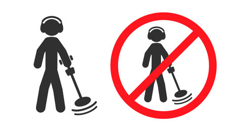 No Metal detecting icon symbol. Metal detecting not allowed logo sign. Silhouette of a man with a metal detector. prohibited, prohibition, forbidden, ban. Vector illustration imageのイラスト素材