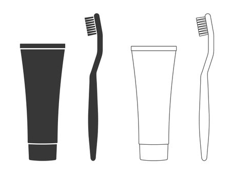 Toothbrush and toothpaste silhouette icon symbol shape. Dental care tooth brush logo sign. Vector illustration image. Isolated on white background.のイラスト素材