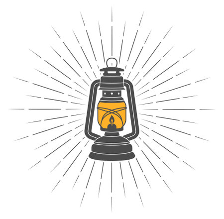 Vintage camping lantern silhouette icon symbol shape. Retro gas lamp logo sign grunge set. Storm lantern. Vector illustration. Isolated on white background.のイラスト素材