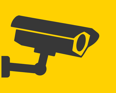 Warning yellow black. Security cameras in use symbol icon. Fixed CCTV camera logo sign shape. Vector...