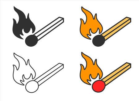 Burning match with fire icon symbol. Line art stroke. Match stick flame logo sign. Flammable, burn, ignite. Vector illustration. Isolated on white background.のイラスト素材