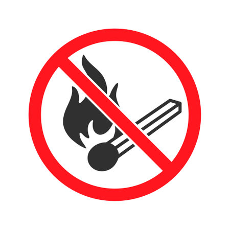 No open fire icon symbol. No open flame sparkle logo sign. Not allowed, do not make fire. Prohibition, Prohibited, forbidden. Vector illustration. Isolated on white background.のイラスト素材
