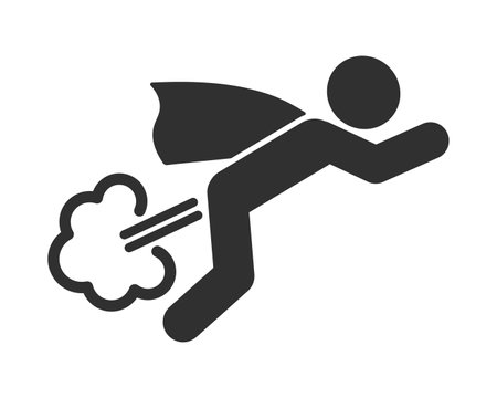 Stick super man Farting icon symbol. Humor hero power fart blowing wind sign logo. Human figure flying like rocket jet. Vector illustration image. Isolated on white background.のイラスト素材