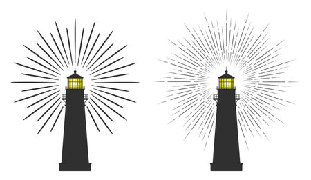 Lighthouse icon symbol shape set. Light house logo sign collection. Navigation Shore light beacon. Vector silhouette illustration. Isolated on white background.のイラスト素材