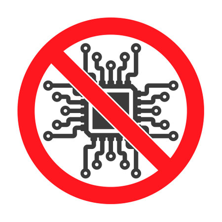 No AI microchip Machine learning prohibited symbol, AI not allowed icon, Artificial intelligence prohibited sign. Vector illustration image. Isolated on white background.のイラスト素材