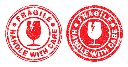 Fragile round circle stamp sticker icon symbol. Handle with care logo sign. Keep dry, This way up. Vector illustration image. Isolated on white background.のイラスト素材