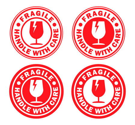 Fragile round circle stamp sticker icon symbol set. Handle with care logo sign. Keep dry, This way up. Vector illustration image. Isolated on white background.のイラスト素材