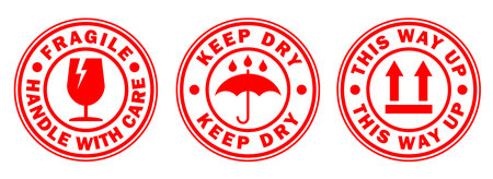 Fragile round circle stamp sticker icon symbol set. Handle with care logo sign. Keep dry, This way up. Vector illustration image. Isolated on white background.のイラスト素材