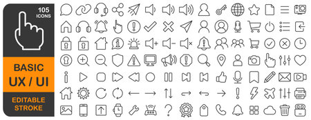 Basic UX UI editable stroke line icons set. Thin line User interface web icon, website, mobile app , linear icon collection. Vector illustration image. Isolated on white backgroundのイラスト素材