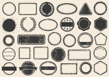 Retro Grunge Stamps frames vector icon shape set. Black round and square empty stamp border pack. Blank Stamp template grunge ink rubber labels collection. Vector image Isolated onのイラスト素材