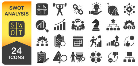 SWOT Analysis Icon Set. Strengths, Weaknesses, Opportunities, and Threats. Business Presentations, Planning, Strategy, Infographics Icons Collection. Vector Illustration. Isolatedのイラスト素材