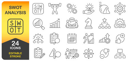 SWOT Analysis Editable Stroke Line Icon Set. Strengths, Weaknesses, Opportunities, and Threats. Business Presentations, Planning, Strategy, Infographics Icons Collection. Vector. Iのイラスト素材