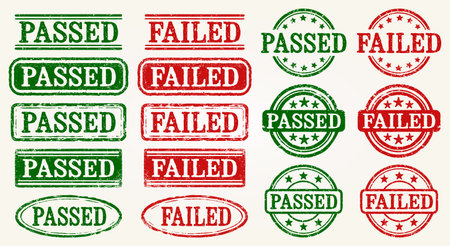 Passed And Failed Retro Grunge Stamp Set. Collection Of 16 Vintage Rubber Stamps Featuring Passed And Failed Labels In Green And Red. Perfect For Exams, Tests, Quality Control. Isoのイラスト素材