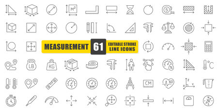 Measurement Line Icon Vector Set. A Collection Of 61 Thin Line Editable Stroke Icons Featuring Tools For Size, Distance, Weight, And Temperature. Perfect For Engineering, Architectのイラスト素材