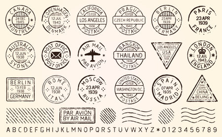 Vintage Travel Stamps Grunge Postage Stamp Set. Old Destination Post Stamp Collection. Retro Grunge Postmark. Vintage Grunge Postage Stamp. Postal Vector Illustration Image. Isolatのイラスト素材