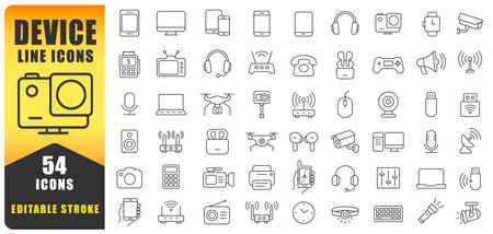 Device Line Icon Set. Electronic Devices And Gadgets Icons For Web, Mobile App. Smart Devices, Drone, Technology, Smartphone, Tablet, Laptop. Editable Stroke Isolated Vector Icons.のイラスト素材