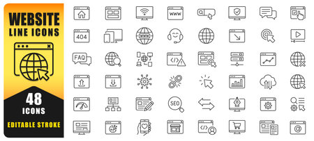 Website Line Icon Set Featuring Clean Editable Stroke Icons For Web Design, Development, UI UX, SEO, Hosting, Analytics, Navigation, And Online Services. Perfect For Modern Digitalのイラスト素材