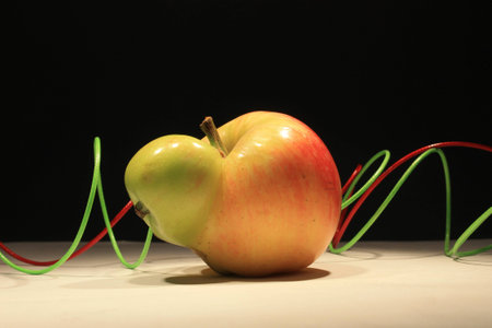 Apple with twin and, in the background, two colored wiresの写真素材