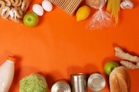 food, cereals, bread and canned food with copy space, online market, green home delivery concept