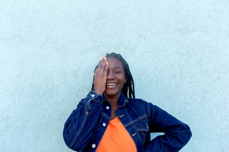 the happy African-American woman did her handsの写真素材