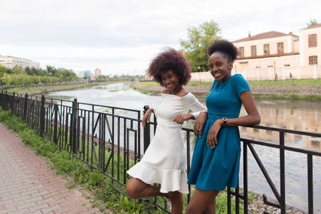 the beautiful and happy African American women on the streetの写真素材