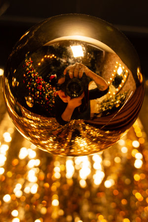 the Gold blurred background with glitter photographer in reflection, 2021 trend