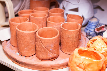 the clay bowls in the workshopの写真素材