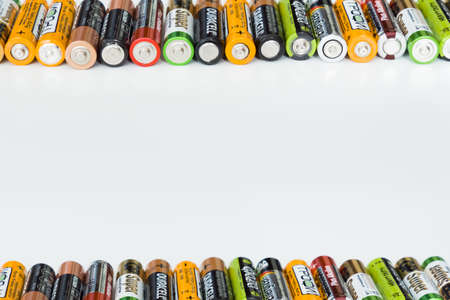 Ivanovo, Russia May 25, 2021, Lots of colorful AA and AAA batteries on a white background, close-up.のeditorial素材