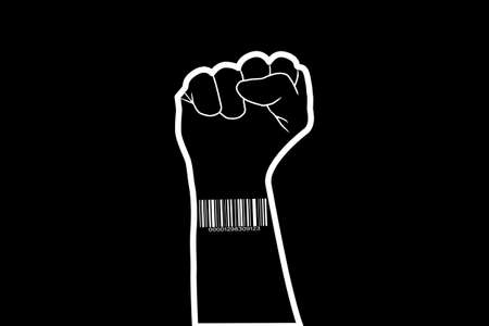 barcode sticker on a clenched fist on a black background.の写真素材