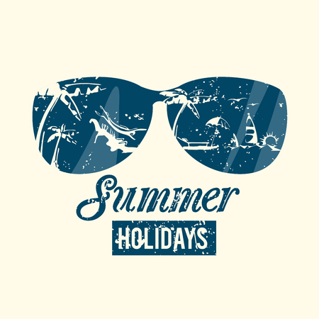 Modern style summer emblem with sunglasses, palm trees, surfers.のイラスト素材
