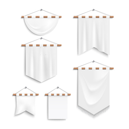 Set of realistic white textile banners with folds end shaft. Banners templatesのイラスト素材