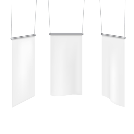 White textile banners folds template set. Canvas and blank banner, fabric cloth, advertising empty, vector illustrationのイラスト素材
