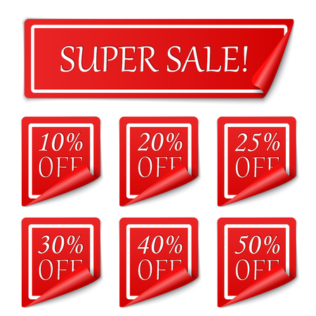 Set of realistic detailed red paper stickers or banners. Super sale. Vector illustrationのイラスト素材