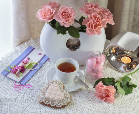 flower, cup, tea, rose, romantic, food, breakfast, dessertの写真素材