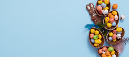 Banner Easter hunt concept with flat lay chocolate eggs and bunny on blue background. view from...